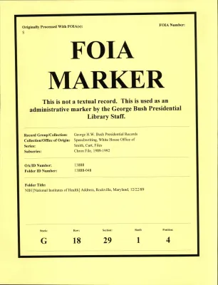 NIH [National Institutes of Health] Address, Rockville, MD 12/22/89 [OA 8130]