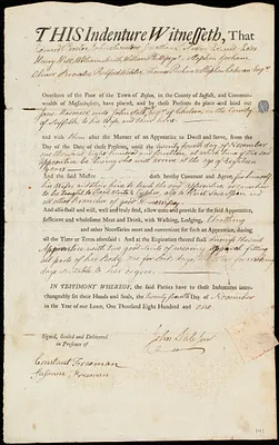 Jane Marmior indentured to apprentice with John Sale, Jr. of Chelsea, 24 November 1801