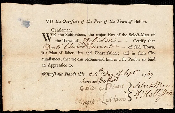 Ann Evans indentured to apprentice with Edward Durant of Holliston, 30 September 1767