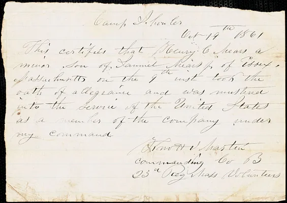 [?]eury G. Mears (on of Samuel Mears Jr.) enlistment record