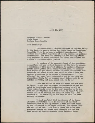 Sacco-Vanzetti Defense Committee typed letter (copy) to Alvan T. Fuller, Boston, Mass., April 11, 1927