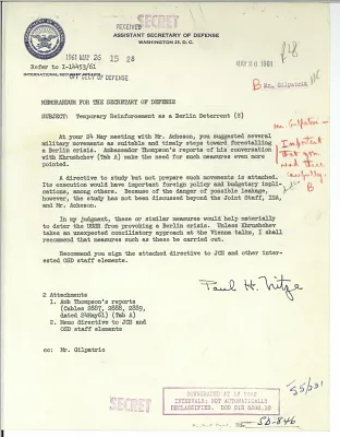 Memorandum for the Secretary of Defense - Subject: Temporary Reinforcement as a Berlin Deterrent (S)