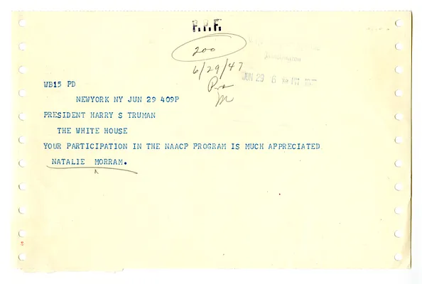 Telegram from Natalie Morram to President Harry S. Truman