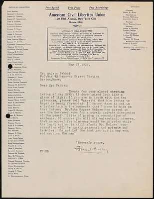 Forrest Bailey (American Civil Liberties Union) typed letter signed to Amleto Fabbri, New York. N.Y., May 27, 1927