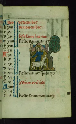 Leaf from Book of Hours: October Calendar, Man Harvesting Acorns for Two Pigs