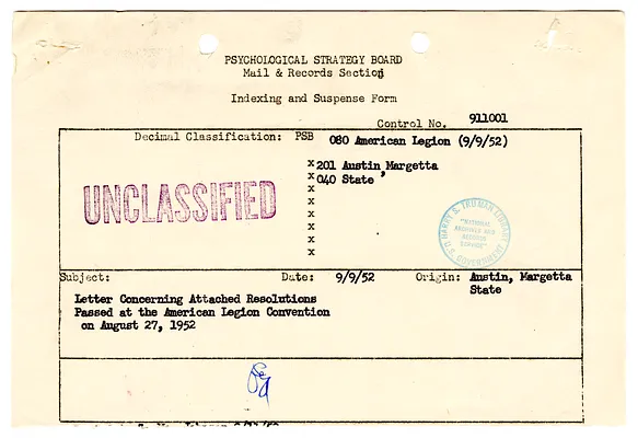 Indexing and Suspense Form re Correspondence Conveying Resolutions Passed at American Legion Convention, with Attachments