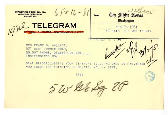 Copy of Telegram from Bess W. Truman to Natalie Wallace