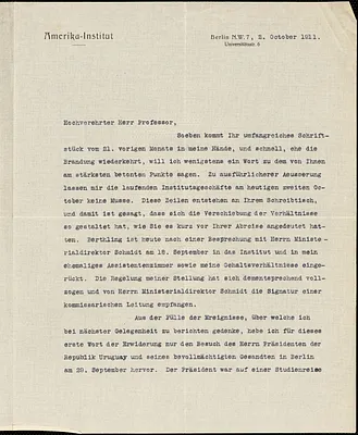 Drechsler, Robert Walter, fl. 1913 typed letter signed to Hugo Münsterberg, Berlin, 02 October 1911