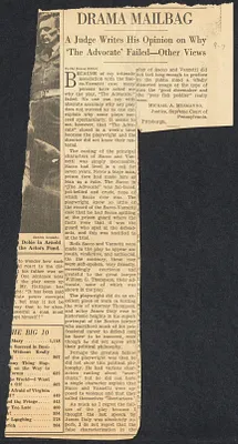 Herbert Brutus Ehrmann Papers, 1906-1970. Sacco-Vanzetti. The Advocate [play]: newspaper reviews, editorials, theatre program, TV program. Box 9, Folder 7, Harvard Law School Library, Historical & Special Collections