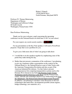Letter to Professor W. Thomas Mainwaring, Washington and Jefferson College, From Dr. Robert J. Kapsch Supplying Requested Information, June 4, 2011