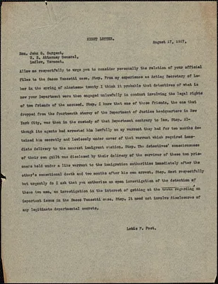Louis F. Post telegram (copy) to John C. Sargent. [Washington, D. C. ?], August 17, 1927