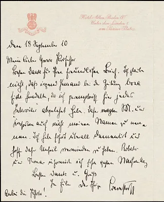 Bernstorff, Johann Heinrich, Graf von, 1862-1939 autograph letter signed to Hugo Münsterberg, Berlin, 18 September 1910