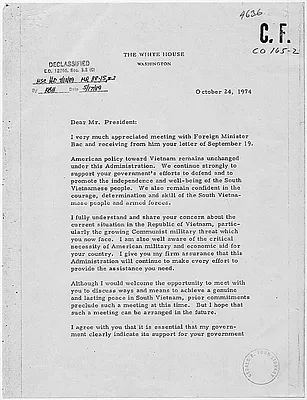 Letter from President Gerald R. Ford to South Vietnam's President Nguyen Van Thieu concerning American policy toward Vietnam