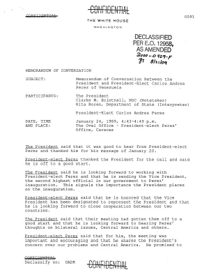 Memorandum of Conversation Between the President and President-Elect Carlos Andres Perez of Venezuela, January 24, 1989