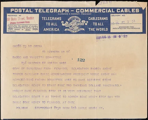 Celia Polisuk telegram to Sacco-Vanzetti Defense Committee, New York, N.Y., August 16, 1927