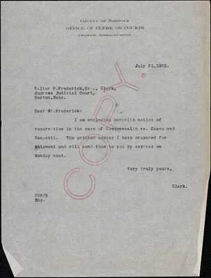 Letter from Robert B. Worthington, Clerk of Courts (Norfolk County) to Walter F. Frederick, Clerk of Courts (Supreme Judicial Court)