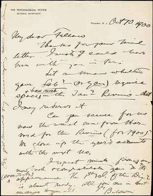 Baldwin, James Mark, 1861-1934 autograph letter signed to Hugo Münsterberg, Princeton, N.J., 10 October 1900