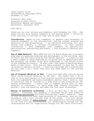 Letter from Dr. Robert J. Kapsch to Professor Mary Sies, Advanced Studies Office Winterthur Museum and Gardens, Dissertation Comments, December 2, 1992