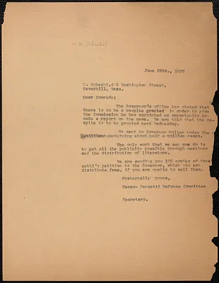 Sacco-Vanzetti Defense Committee typed letter (copy) to N. Schechet, Boston, Mass., June 22, 1927