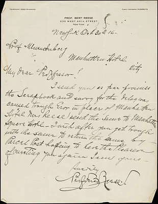 Reese, Bert autograph letter signed to Hugo Münsterberg, New York, 30 October 1916