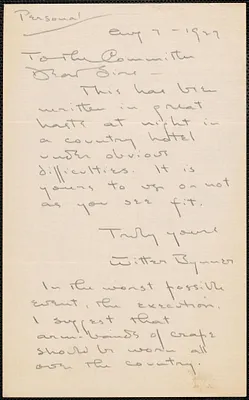 Witter Bynner autograph note signed to Sacco-Vanzetti Defense Committee, August 7, 1927