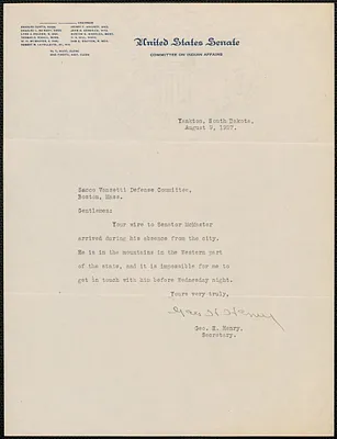George H. Henry typed note signed to Sacco-Vanzetti Defense Committee, Yankton, South Dakota, August 9, 1927