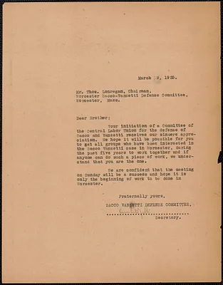 Amleto Fabbri (Sacco-Vanzetti Defense Committee) typed letter (copy) to Thomas Lonregan (Worcester Sacco-Vanzetti Defense Committee), March 9, 1925