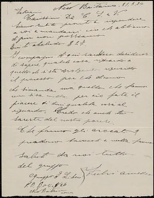 Fulvi[?] Amedeo[?] autograph letter signed, in Italian, to Aldino Felicani (Sacco-Vanzetti Defense Committee), New Britain, Conn., March 21, 1924