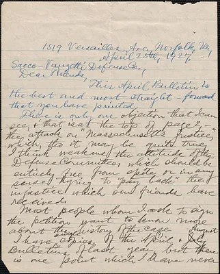 [Sarah Root Adams] autograph letter (incomplete) to Sacco-Vanzetti Defense Committee, Norfolk, Va., April 25, 1927
