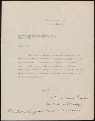 Gertrude Knapp Rawson typed note signed to Sacco-Vanzetti Defense Committee, New Braunfels, Tex., April 11, 1927