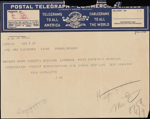 Fola LaFollette telegram to [Elizabeth Glendower] Evans, Locarno, August 8, 1927