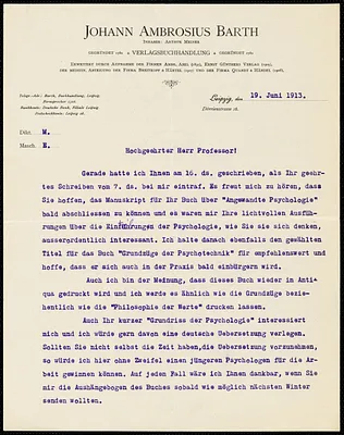 Meiner, Arthur, 1865-1952 typed letter signed to Hugo Münsterberg, Leipzig, Ger., 19 June 1913