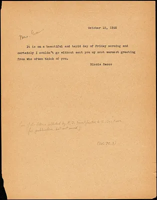 Nicola Sacco typed note (copy) to [Elizabeth Glendower Evans], [Dedham], 15 October 1925