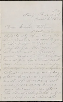Letter from John Jubb, Camp Fair Oak Va., to William Jubb, West Chelmsford, Mass., June 18, 1862
