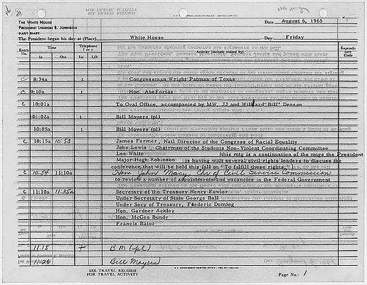 President's Daily Diary Entry, August 6, 1965