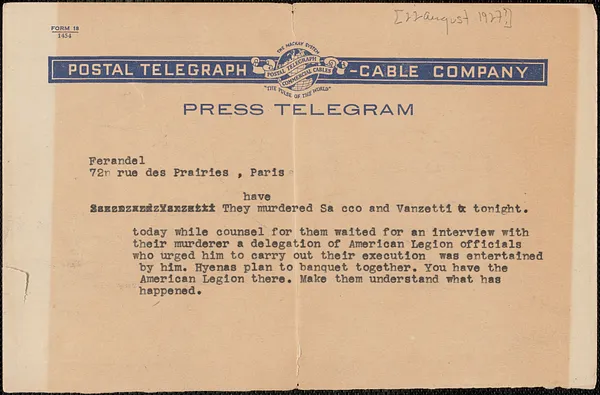 Ferandel telegram to [Sacco-Vanzetti Defense Committee], Paris, France, [August 22, 1927?]