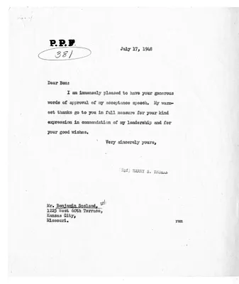 Correspondence Between Benjamin Sosland and President Harry S. Truman