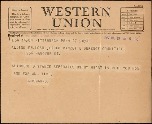 [Michael] Musmanno telegram to Aldino Felicani, Pittsburgh, Pa., August 27, 1927