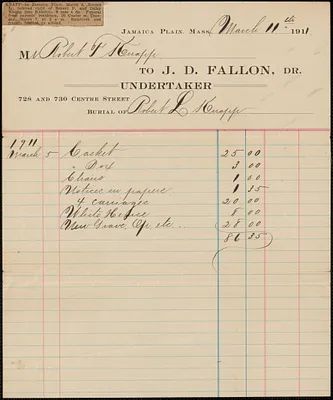 Receipt from J.D. Fallon, Dr., undertaker, for Mr. Robert F. Knapp, March 11, 1911