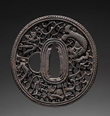 Sword Guard (Tsuba) with Dragon, Lion, and Sea Monster