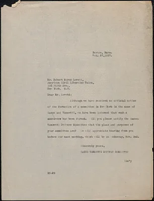 Joseph Moro (Sacco-Vanzetti Defense Committee) typed letter (copy) to Robert Morss Lovett (American Civil Liberties Union), Boston, Mass., October 27, 1927