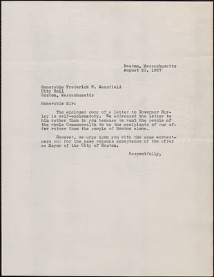 [Gardner Jackson, Powers Hapgood, Mary Donovan, Aldino Felicani and Michael Flaherty] typed letter to Frederick W. Mansfield, Boston, Mass., August 21, 1937