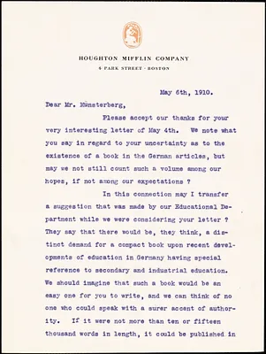 Greenslet, Ferris, 1875-1959 typed letter signed to Hugo Münsterberg, Boston, 6 May 1910