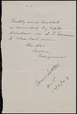 Mrs. Carl Swan autograph letter signed to Sacco-Vanzetti Defense Committee, Scotia, Calif., November 2, 1923