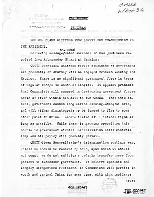 Telegram from Acting Secretary of State Robert Lovett to Clark Clifford