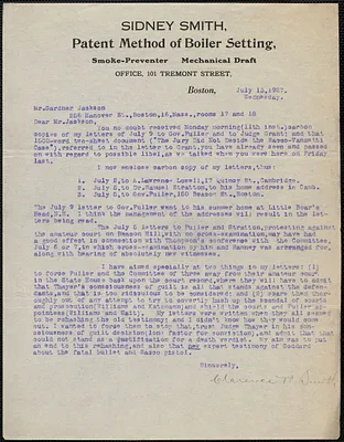 Clarence W. Smith typed letter signed to Gardner Jackson, Boston, Mass., July 13, 1927