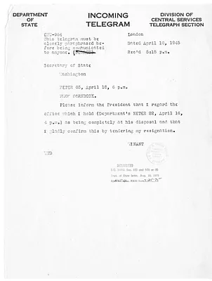 Telegram from John G. Winant to Secrertary of State Edward Stettinius