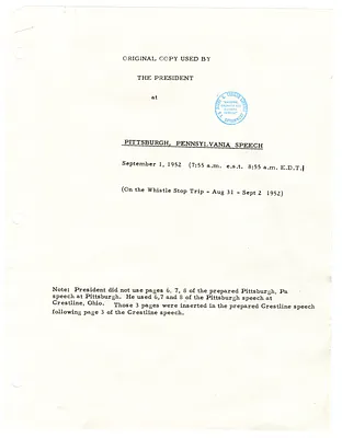 Reading Copy, Speech of President Harry S. Truman, Pittsburgh, Pennsylvania