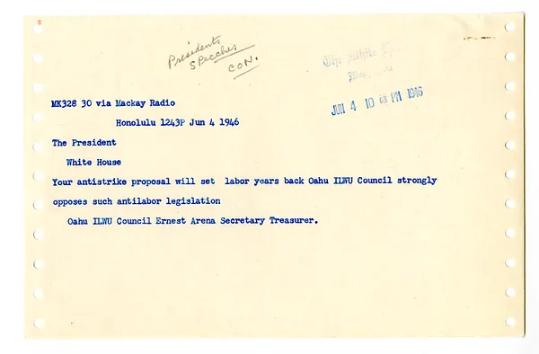 Telegram from the Oahu ILWU Council to President Harry S. Truman