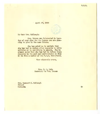 Letter from Mrs. Leonard Kellough to Bess W. Truman with a Reply from Edith Helm